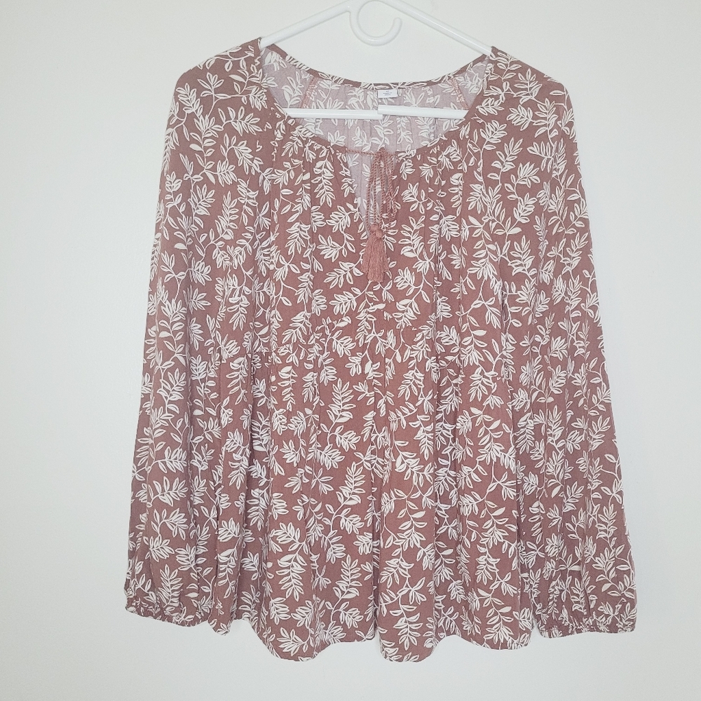 Old Navy Top Babydoll Flowy Women's Medium Brown Puff 3/4 Sleeve Tie Accent Fall